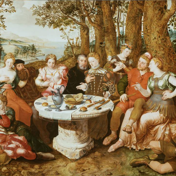 A painting showing various mythological and allegorical figures gathered around a table in woodland