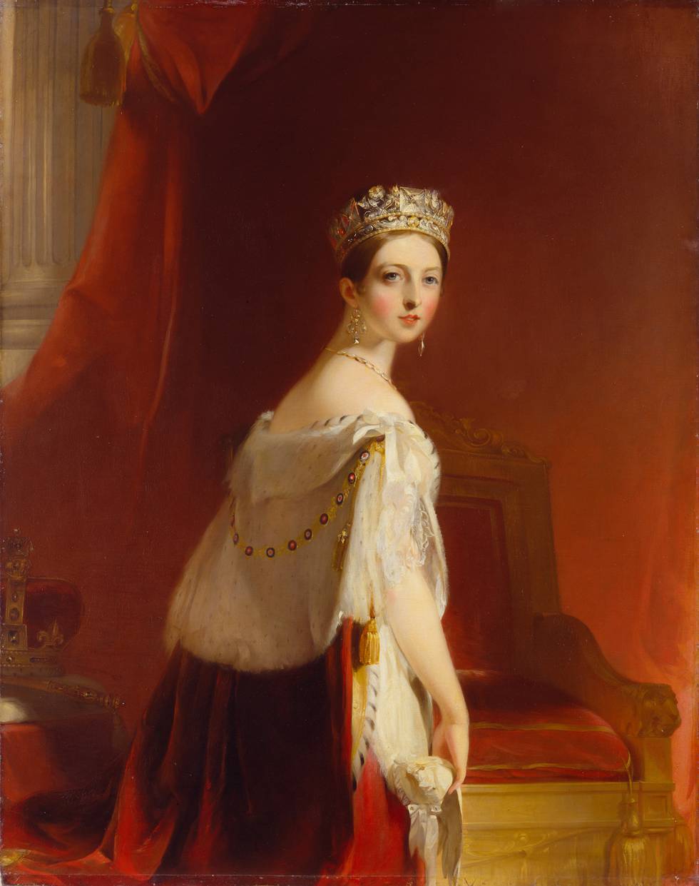 Three-quarter length portrait of young Queen Victoria looking over her shoulder