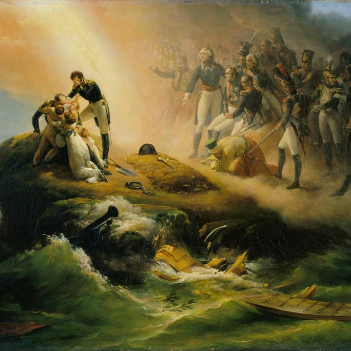 Soldiers gathering by grave on cliff edge by stormy sea