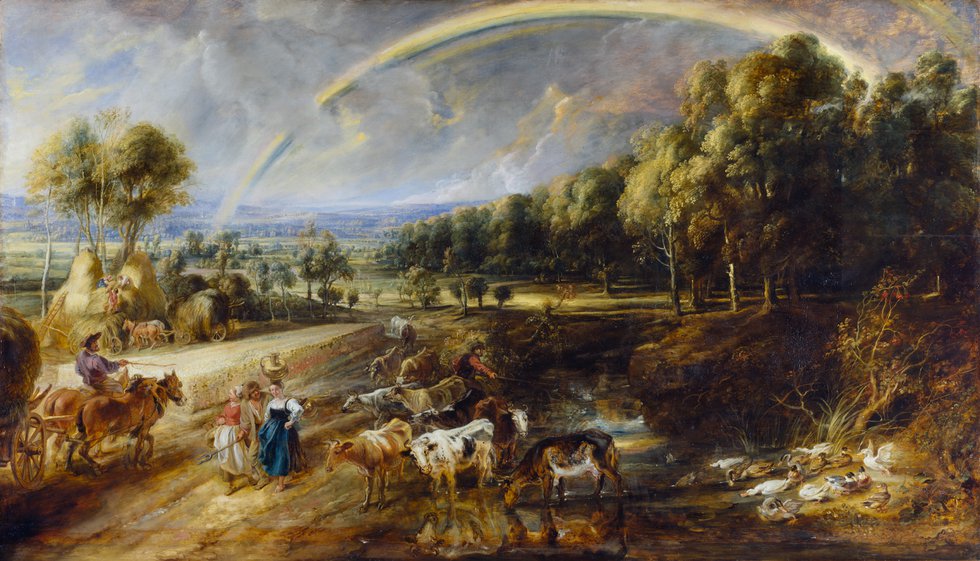 Countryside landscape of haymakers, milkmaids and cattle under a rainbow