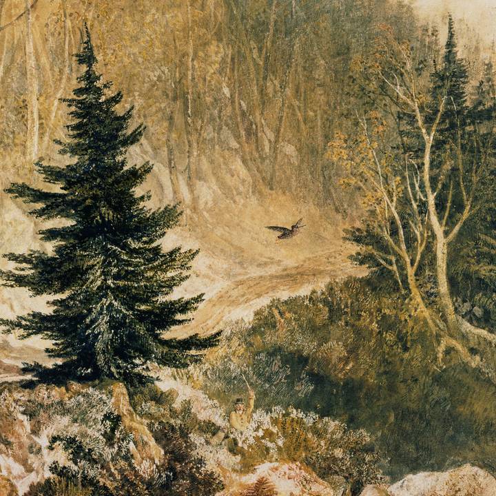 Painting of forest scene with two men out hunting a bird