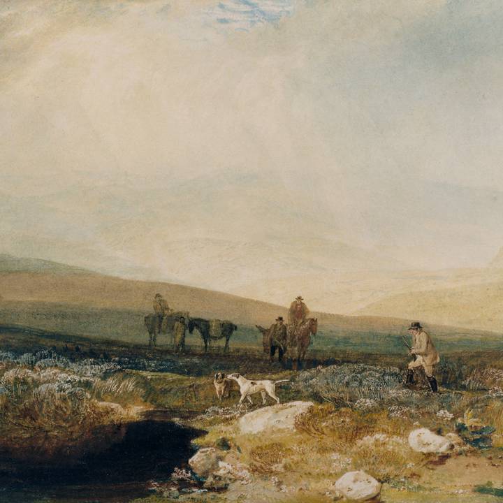Painting of a landscape with a group of men and horses hunting