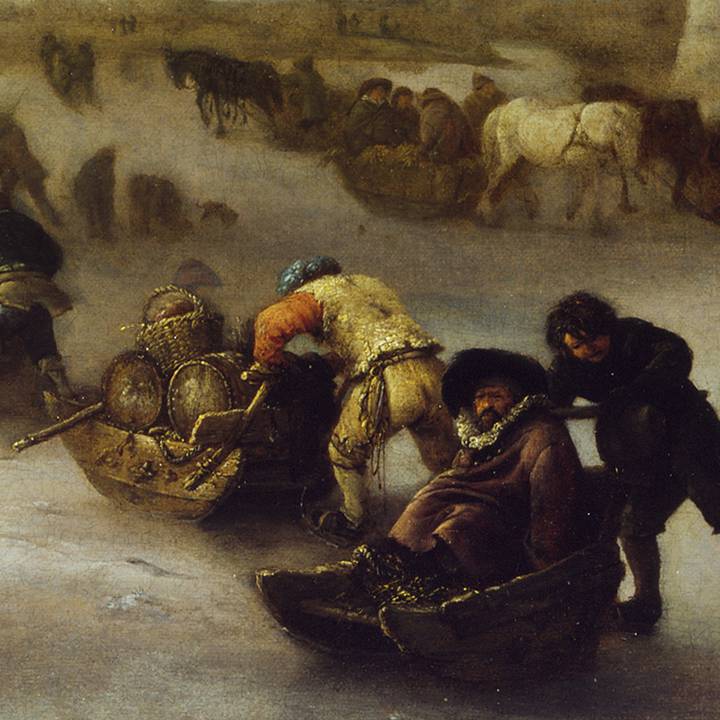 Detail of winter landscape, figures pushing sledges on ice
