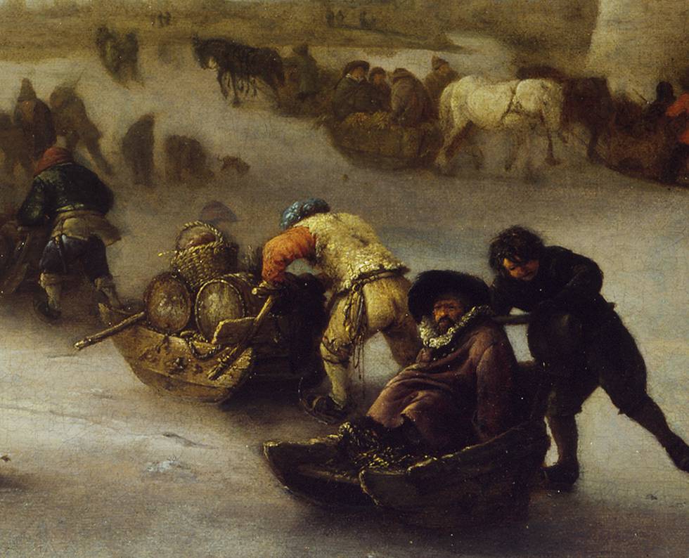 Detail of winter landscape, figures pushing sledges on ice