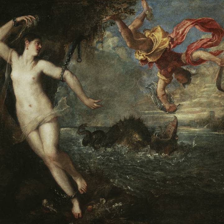 Naked women chained to rocks with man fighting sea monster