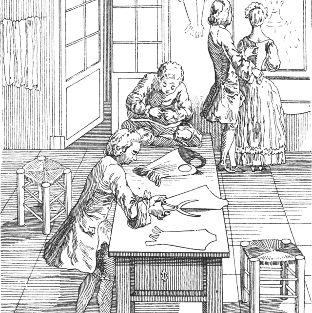 A print of a dressmaker's workshop