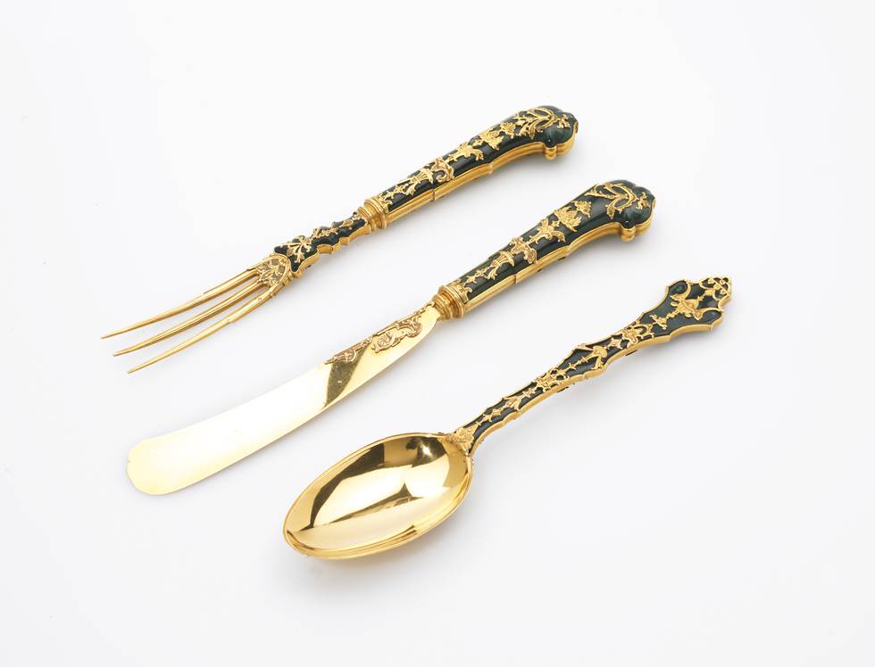 Eighteenth-century gold and bloodstone knife, fork and spoon