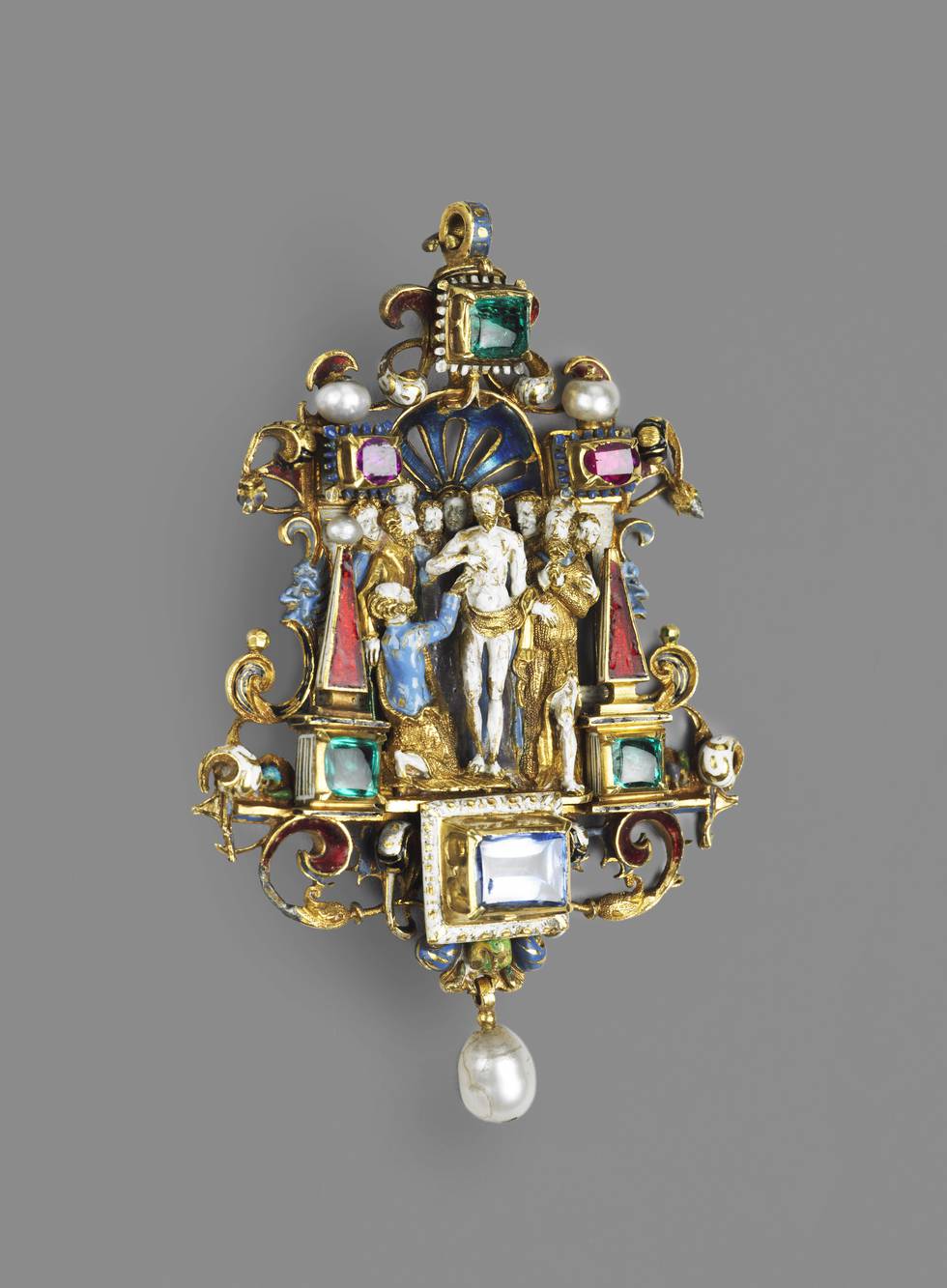 Bejewelled gold pendant, central a man surrounded by a group