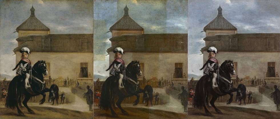 Three images of young boy on horse, before, during and after conservation treatment