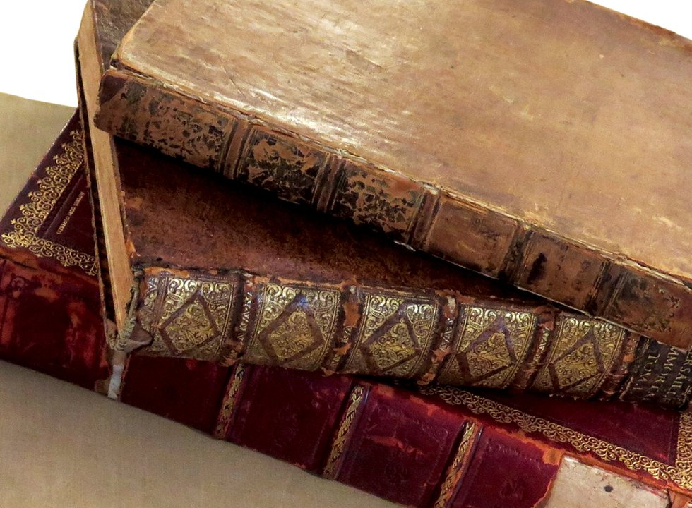 An image of leather-bound books