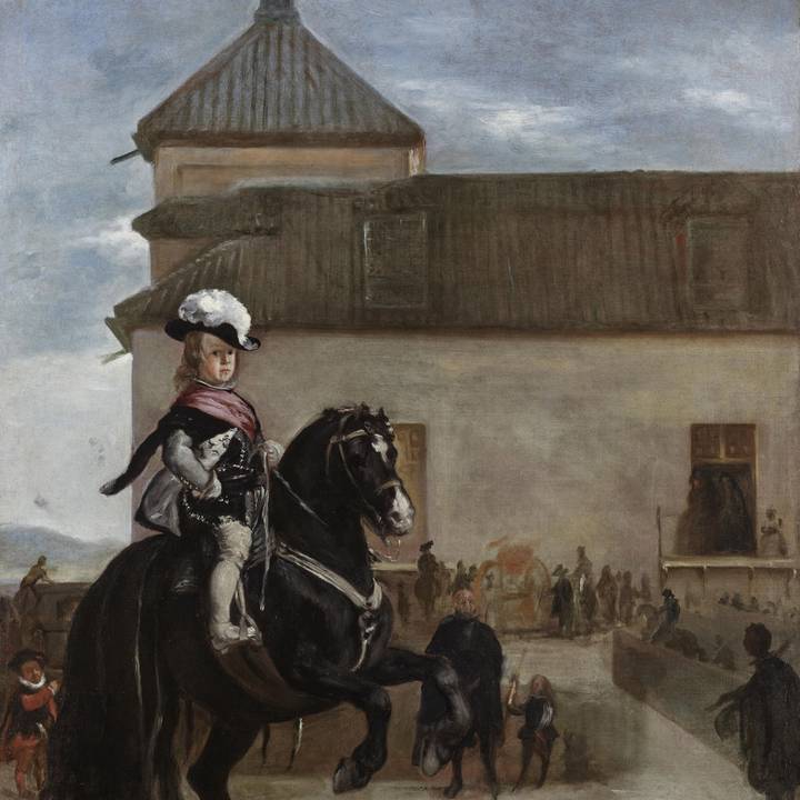 A painting of a young boy riding a horse outside a building
