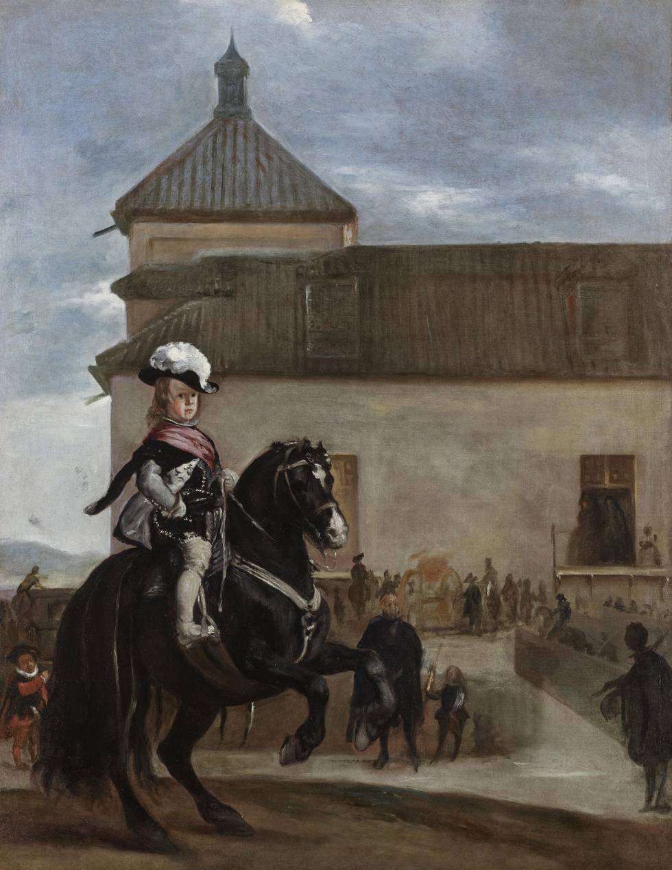 A painting of a young boy riding a horse outside a building