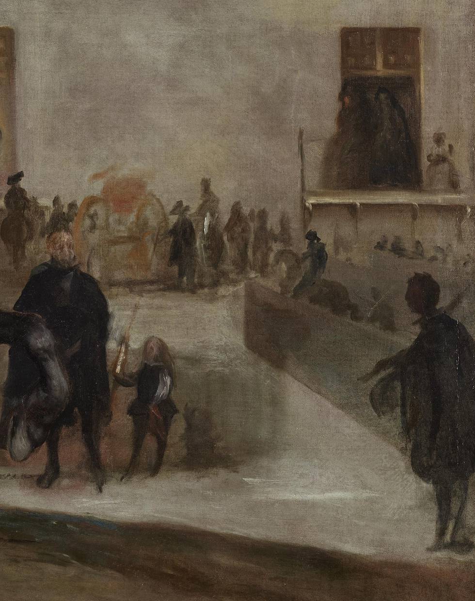 A detail of a painting of a young boy riding a horse outside a building