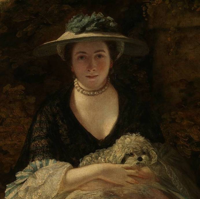 Renaissance portrait of a woman in a white and blue silk brocade dress, pearl necklace and pearl earrings